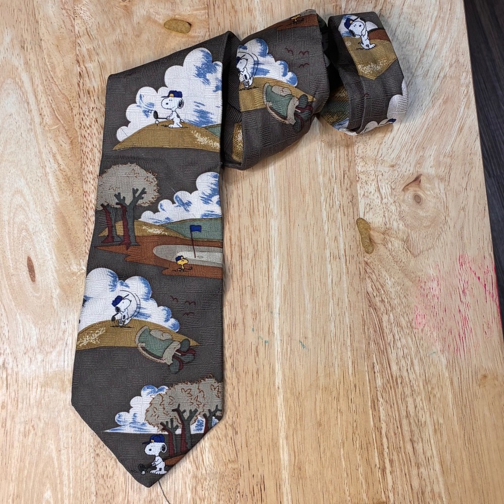 Vintage Peanuts Tie Mens One Size Brown Excellent Snoopy Golf Masters Woodstock